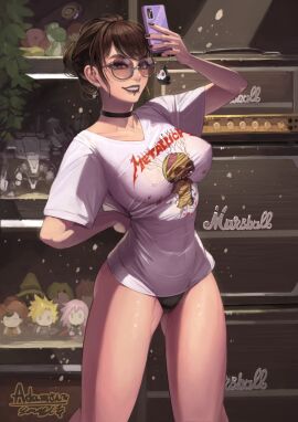 1girls absurdres action_figure amplifier black_choker black_hair black_lips black_lipstick black_mage_(final_fantasy) black_nails black_panties breasts brown_hair cellphone character_doll chin_piercing choker cloud_strife commission covered_erect_nipples cowboy_shot creatures_(company) duskull ear_piercing earrings eclair_farron eguchi_tumoru female final_fantasy final_fantasy_ix final_fantasy_vii final_fantasy_xiii game_freak gen_3_pokemon glasses goth_fashion grin hair_bun highres holding holding_phone jewelry kirby kirby_(series) large_breasts lipstick long_legs makeup mario_(series) marshall metallica nail_polish nintendo nose_piercing original panties phone piercing pokemon round_eyewear selfie shirt short_sleeves skeb_commission smartphone smile solo standing thick_eyebrows thighs underwear vivi_ornitier white_shirt yoshi