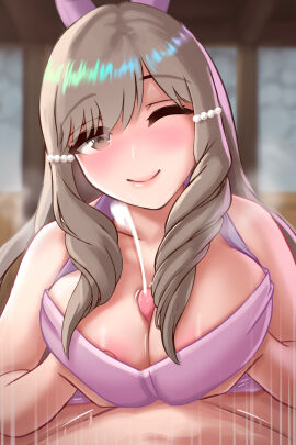 1boy 1girls alternate_breast_size apron apron_only areola_slip areolae bangs bare_arms big_breasts breast_press breast_squeeze breasts brown_eye brown_hair ciderwrath cleavage cum cum_between_breasts cumshot ejaculation ejaculation_between_breasts female female_focus fire_emblem fire_emblem_awakening hair_ornament happy happy_paizuri happy_sex indoors large_breasts light-skinned_female light-skinned_male light_skin long_hair looking_at_viewer male male_pov motion_lines naked_apron nintendo nipple_slip nipples one_eye_closed paizuri penis pov sex smile solo_focus straight sumia_(fire_emblem) very_long_hair wink
