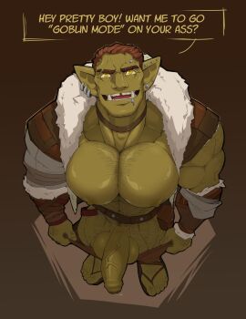 2024 abs areola armor balls belt biceps big_balls big_muscles big_pecs big_penis bodily_fluids bottomwear bottomwear_down bracers brown_background choker clothed clothing coat ear_piercing ear_ring english_text erection eyebrow_piercing eyebrows facial_piercing footwear foreskin genital_fluids genitals goblin goblin_male goblin_mode green_body green_skin hair hi_res high-angle_view humanoid humanoid_genitalia humanoid_penis humanoid_pointy_ears humor inviting jewelry kartos lip_piercing looking_at_viewer looking_up looking_up_at_viewer male mammal meme muscles muscular muscular_humanoid muscular_male nails necklace nipples no_underwear open_clothing open_coat open_mouth open_smile open_topwear pants pants_down partially_clothed pecs penis piercing precum presenting presenting_penis quads ring_piercing sandals scar simple_background smile solo standing talking_to_viewer teeth text thick_penis topwear tusks uncircumcised vein