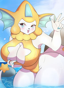 anthro anthro_only belly blonde_hair blue_eyes blush breasts clothing clothing_pull cloud cosmic_background eeveelution eye_markings female female_anthro female_only female_pokemon fin furry furry_female furry_only fusion gapsay generation_1_pokemon generation_3_pokemon gesture glinta_(nickzilla) glistening glistening_body glistening_clothing hair hand_on_hip hips huge_breasts hybrid jirachi legendary_pokemon looking_at_viewer mammal marine markings mythical_pokemon nintendo one-piece_swimsuit pokemon pokemon_(species) pokemon_fusion ribbons rock sky skyscape smile smiling_at_viewer solo solo_anthro solo_female solo_furry spines splash star star_on_body starry_background swimwear tail thick_tail thick_thighs thighs vaporeon water waving waving_at_viewer white_body wide_hips yellow_outfit