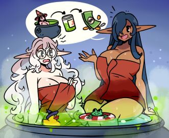 2girls amphibian archmage_(murgoten) bath bathing big_breasts bog_witch_(murgoten) breasts bubble bubbles cauldron cleavage clothed clothing dark_blue_hair dripping droplets elf_ears female female_only frog glasses gradient_background hair hair_over_one_eye halloween hat holidays long_hair mage mole mole_on_breast mole_under_mouth money murgoten oc ocs open_mouth open_smile pointy_ears potion rubber_duck simple_eyes simple_face speaking speech_bubble steam steamy swim_ring thick_thighs towel towel_only wet white_hair witch witch_hat