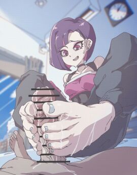 1boy 1girls animated barefoot bed cap_kakumei_bottleman_dx censor_bar censored censored_penis continuous_ejaculation cum cum_between_toes cum_on_feet cum_on_self dark-skinned_male dark_skin ejaculation feet feet_focus female foot_fetish foot_focus footjob funen funen_gomi hakase_kaori interracial light-skinned_female light_skin male on_bed penis pink_eyes purple-haired_female purple_hair short_hair soles toejob toenail_polish toes two-footed_footjob unseen_male_face