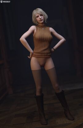 3d arms_on_waist ashley_graham ashley_graham_(ella_freya) blonde_hair blue_eyes bottomless capcom collar female full_body missally pussy resident_evil resident_evil_4 resident_evil_4_remake shaved_pussy solo solo_female variant
