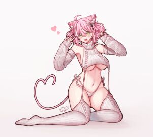 1girls alternate_hairstyle animal_ears blush cat_ears cat_girl cat_tail catgirl enya_yoruneko enya_yoruneko_(artist) female female_focus female_only front_view full_body green_eyes heart_tail hearts highres indie_virtual_youtuber light-skinned_female light_skin looking_at_viewer on_knees open_mouth pink_hair short_hair simple_background smiling smiling_at_viewer solo solo_female sweater thong virgin_destroyer_sweater virgin_killer_sweater virtual_youtuber vtuber vtuberfanart white_background