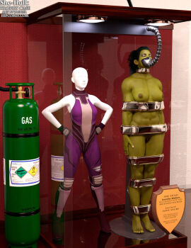 1girls bound bound_arms bound_legs completely_nude completely_nude_female female female_only full_body green-haired_female green_skin mannequin marvel marvel_comics muscular muscular_female nude nude_female she-hulk solo superheroine thejpeger trophy_case unconscious unconscious_female