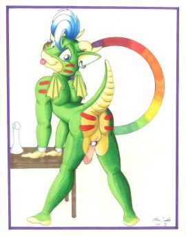 anthro balls blep blue_eyes blue_hair cock_ring dildo dragon furry genitals horns male marc_leonhardt penis presenting presenting_hindquarters reptile scalie sex_toy table tail testicles wings