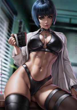 1girls 2d abs blue_hair breasts choker cleavage cup dandon_fuga female female_focus female_only gluteal_fold goth goth_girl highres jewelry labcoat large_breasts lips looking_at_viewer mug nail_polish navel pendant persona persona_5 sfw short_hair skindentation solo solo_female tae_takemi thick_thighs thighhighs thighs