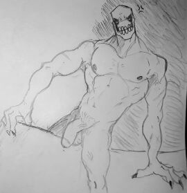 anthro balls bara dedan dedan_(off) flaccid genericboxhead male male_only monochrome muscles muscular nude off_(game) penis solo solo_male yaoi