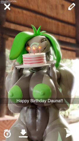 1girls 3d 3d_(artwork) 9:16 <1_second_video absurd_res animated anthro areola big_areola big_breasts birthday blender_(software) bouncing_breasts breasts cake closed_eyes dauna_(reptilligator) dessert digital_media_(artwork) english_text female fish food genitals green_hair grin hair hi_res jumping loop marine muscular muscular_female nipples non-mammal_breasts nude okamical phone_screen portrait pussy recording reptilligator scalie shark short_playtime shorter_than_10_seconds smile snapchat solo tagme teeth text thick_thighs toothy_grin vertical_video video webm