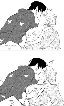 2boys big_pecs blush crossdressing french_kiss gay gintama gintoki_sakata gtk4_r4 japanese_clothes kimono kissing male male_only monochrome nipple_pinch nipple_tweak official_alternate_costume paako pec_grab pec_grasp pecs smirk sweat takasugi_shinsuke teasing twintails wig yaoi