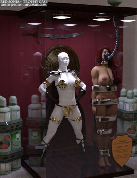 3d areola areolae big_breasts bound bound_arms bound_legs breasts chainmail_bikini completely_naked completely_nude dynamite_comics female female_focus female_only light-skinned_female light_skin mannequin marvel marvel_comics nipples nude nude_female red_hair red_sonja shield sword thejpeger trophy_case