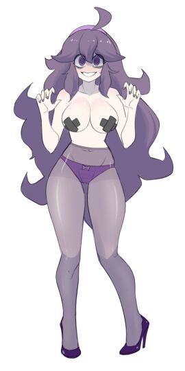 1girls ahoge bags_under_eyes bangs eyebags female hairband heels hex_maniac long_hair messy_hair nervous nervous_smile painted_nails pale_skin panties pantyhose pasties pokemon purple_eyes purple_panties purple_pantyhose sealguy solo spiral_eyes tape_on_nipples x_pasties