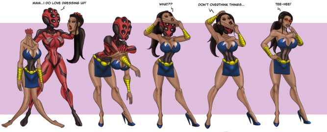 black_hair brown_skin disguise eyes female glasses high_heels johnnyharadrim original original_character red_skin skimpy_clothes skinsuit spider spider_humanoid text toned toned_female