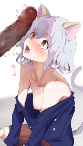 1boy animal_ears bare_shoulders big_penis blue_skirt blush breasts brown_shorts cat_ears cat_girl cat_tail censored collarbone cum doll_joints facial female highres hunter_x_hunter joints large_penis looking_at_penis male mosaic_censoring neferpitou nipples nose_blush oerba_yun_fang penis penis_awe precum red_eyes rururaroru shorts skin_fang skirt small_breasts tail tongue tongue_out unbuttoned white_hair