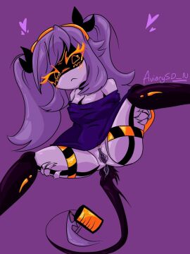 aviarysd_n blush bottomless bows caution_tape claws cute disassembly_drone drawing drone female female_only glistening glistening_genitalia glitch_productions glowing_eyes holding_legs j_(murder_drones) legs legs_apart legs_up murder_drones pussy pussy_juice robot serial_designation_j shoulderless_dress sweater sweater_lift tail tsundere twintails yellow_eyes