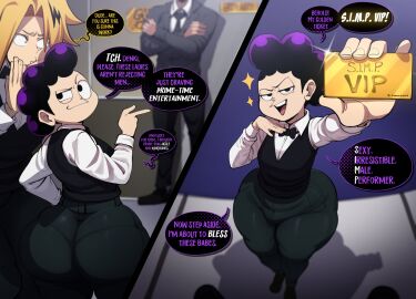 3boys ass big_ass blackwhiplash blonde_hair bottom_heavy clothed clothed_male clothing denki_kaminari dialogue english_text huge_ass looking_at_viewer looking_back male male_only minoru_mineta my_hero_academia open_mouth open_smile pear-shaped_figure pear_shaped purple_hair size_difference smile speech_bubble text