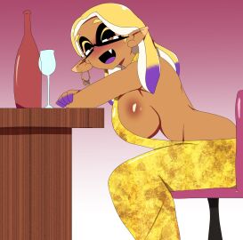 1girls big_breasts blush breasts chicken_rib dress drunk earrings female frye_(frostyfest_2025) frye_(splatoon) gold_dress hoop_earrings inkling inkling_girl looking_at_viewer nintendo no_bra no_bra_under_clothes open_mouth pointy_ears purple_tongue sideboob sitting solo solo_female solo_focus splatfest splatoon splatoon_(series) splatoon_3 tentacle_hair tongue wasted yellow_dress