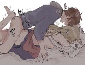 1boy 1girls ass blonde_hair blush female from_behind lynette_(octopath_traveler) male messy_hair miles_(octopath_traveler) octopath_traveler partially_clothed pillow prone_bone pussy sex sweat vaginal_penetration wspread
