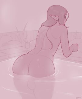 1boy 2d ass balls cute dross elf elf_femboy elf_male femboy femboy_only feminine_male hot_spring long_hair male male_only monochrome nude nude_male original original_character partially_submerged pointy_ears rear_view skinny_dipping solo testicles water wet