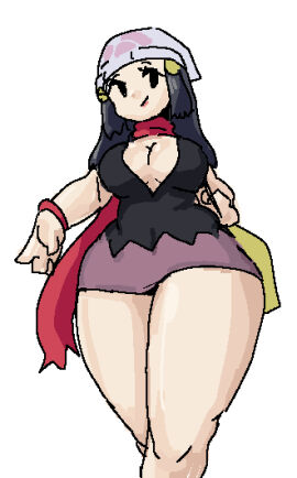 1girls beanie blue_hair breasts cleavage dawn_(pokemon) female hairclip hairclips hand_on_hip large_breasts leebongchun leg_focus long_hair plump plump_thighs pokemon skirt solo thick_thighs thighs white_background