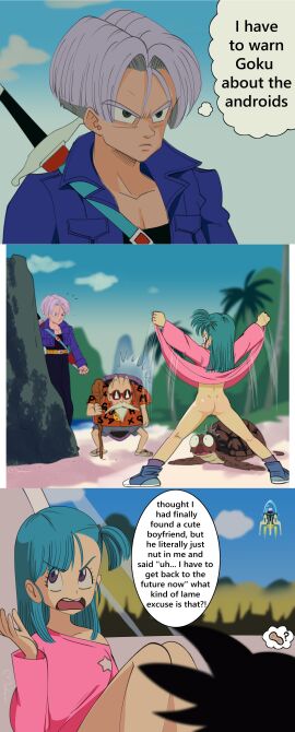 1boy 1girls 4boys accidental_exposure after_sex ass asscheeks before_and_after before_sex blue_hair bottomless bulma_briefs bulmas_panty_flash comic dragon_ball dragon_ball_(classic) exhibitionism female going_commando implied_after_sex implied_creampie implied_cum_inside implied_sex incest lifted_by_self lifting_dress looking_at_pussy maho_malice male master_roshi myahogao no_panties purple_hair pussy silver_hair son_goku teenage_bulma trunks_briefs