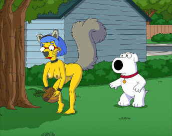 20th_century_studios accurate_art_style acorn blackzacek brian_griffin cosplay crossover family_guy female luann_van_houten squirrel_ears squirrel_tail the_simpsons whisker_markings yellow_body yellow_skin