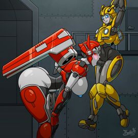 1boy ass big_breasts blowjob breasts bumblebee_(transformers) chained_wrists fellatio female female_on_femboy femboy femboy_on_female femboysub large_ass male oral questionable_consent restrained shatter_(transformers) straight tagme tfmaster96 transformers