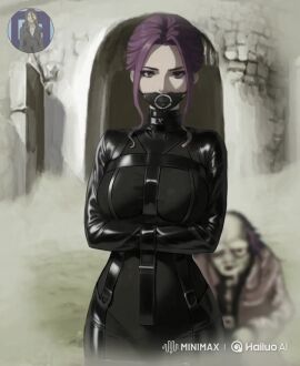 1girls ai_generated animated bondage bondage_outfit bossbb41 breasts captured collar did dress edit fear_and_hunger female female_only fully_clothed gag gagged hobble_dress hobble_skirt humiliation latex milf mirelia_q_melromarc mother purple_eyes purple_hair queen solo story_in_description submissive tate_no_yuusha_no_nariagari
