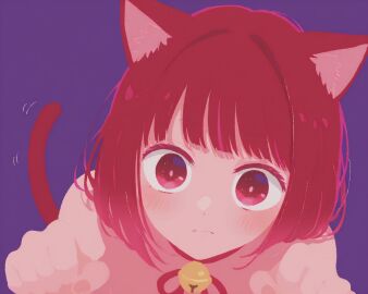 ai_assisted animal_ears arima_kana bell blush bob_cut cat_ears cat_tail closed_mouth cute female implied_nudity inverted_bob looking_at_viewer neck_bell oshi_no_ko paw_pose purple_background rawr69 red_eyes red_hair red_ribbon ribbon short_hair simple_background solo tail upper_body