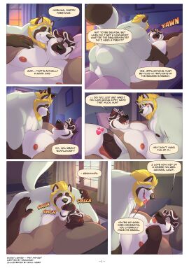 absurd_res anthro aroused ass backsack badger balls ballsack beard bed blonde_hair blush bodily_fluids canid canine colored colson_grainger comic compliment detailed_background dialogue duo erection facial_hair furniture genitals hair hi_res humor kissing lying_on_another male male/male mammal moobs mustelid musteline nipples nude obese obese_male on_bed onomatopoeia open_mouth overweight overweight_anthro overweight_male penis penis_on_belly pet_name raccoon_dog romantic romantic_couple saliva sebastien_grainger soul_nero sound_effects sweet_leaves tanuki text tongue tongue_out unwanted_erection yawn