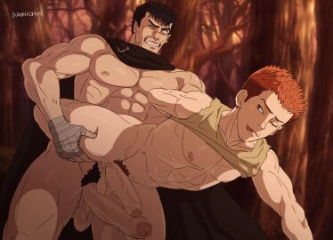 2boys balls bara berserk big_balls big_penis black_hair burankoprn erection foreskin guts_(berserk) huge_balls huge_cock imminent_sex isidro_(berserk) leg_grab male male/male male_focus male_nipples male_only male_pubic_hair muscular muscular_male nipples nude older_male one_eye_closed outdoors penis penis_size_difference pubic_hair size_difference uncircumcised unretracted_foreskin yaoi younger_male