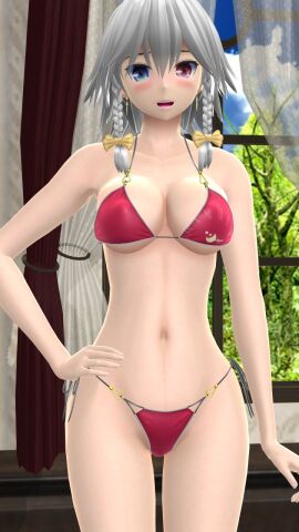 1girls 2024 3d bikini blush curtains_open embodiment_of_scarlet_devil female hati_yukkuri_mmd heterochromia human indoors inside light-skinned_female light_skin looking_at_viewer maid mansion mmd pink_bikini sakuya_izayoi solo_female solo_focus swimsuit touhou white-haired_female window yellow_bowtie
