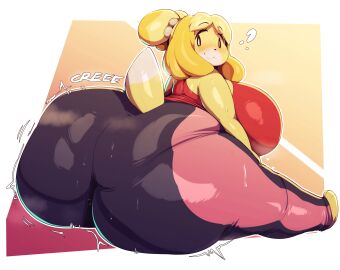 absurd_res animal_crossing anthro ass big_ass big_butt biped blonde_hair breasts canid canine canis clothed clothing domestic_dog duplicate female hair hi_res huge_ass huge_butt isabelle_(animal_crossing) looking_back mammal nintendo repost reupload shih_tzu solo thick_thighs toy_dog trinity-fate62