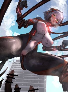 absurdres bar_censor blue_sky blush bodysuit breasts building censored cloud colossus_(natsukaze_shigure) covered_navel covered_nipples day dirty dirty_clothes dirty_face energy_drain female from_below giant giantess green_eyes grey_hair headgear hexagon_print highres imminent_penetration large_breasts magical_girl natsukaze_shigure open_mouth original outdoors peril pussy_juice restrained short_hair skin_tight sky solo tentacle tentacle_sex variant_set