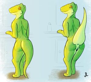 2025 alien anus ass bathroom digital_drawing_(artwork) digital_media_(artwork) female green_body happy harchen_(the_nature_of_predators) hi_res lizard looking_away nude presenting raised_tail reptile scales scalie smile solo tail the_nature_of_predators united_patriots
