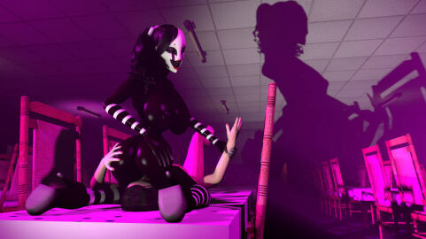 3d black_body female female/female five_nights_at_freddy's fnaf high_heeled_shoes high_heels marionette_(fnaf) puppet_(fnaf) purple_eyes robot robot_girl sexy_beach