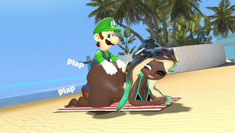 3d 3d_(artwork) big_ass_(female) big_booty big_butt_(female) bottomless bubble_butt_(female) crossover dark-skinned_female dark_skin female kaibernation light-skinned_male light_skin luigi male marina_(splatoon) mario_(series) nintendo splatoon splatoon_(series) splatoon_2