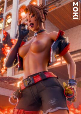 1girls 3d armwear blowjob_gesture blue_eyes breasts breasts_out brown_hair choker dynamo_tntina_(fortnite) exposed_breasts female female_only fortnite fortnite:_battle_royale gloves grenade looking_at_viewer mokinawa solo solo_female tagme tntina