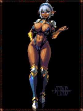 1girls armor ass big_ass big_breasts big_butt big_nipples bikini_armor breasts dark-skinned_female dark_elf dark_skin elf female female_only original pixel_art revealing_clothes skimpy_clothes standing thepixelartboy