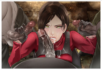 1girls 3boys ada_wong black_hair butcha-u censored female female_focus las_plagas light-skinned_female light_skin looking_at_viewer male mosaic_censoring pale-skinned_female pale_skin resident_evil resident_evil_4 resident_evil_4_remake short_hair yellow_eyes