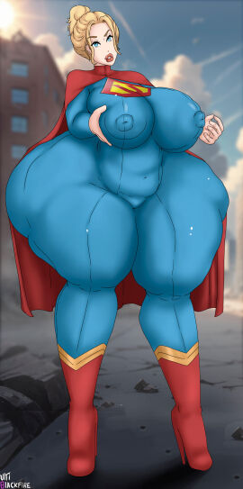 1girls ass big_breasts big_nipples blonde_hair blue_eyes bodysuit breasts cape clothing curvy curvy_figure dc dc_comics female female_only gigantic_ass kara_zor-el large_ass large_breasts large_butt looking_at_viewer nipples_visible_through_clothing signature solo solo_focus supergirl superheroine superman_(series) text thick_lips thick_thighs thighhighs ultiblackfire ultragirl voluptuous wide_hips