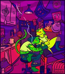 2025 anthro arm_tattoo backpack balls blush bottomless bottomless_anthro bottomless_male bulge clothed clothing cutlery detailed_bulge digital_drawing_(artwork) digital_media_(artwork) duo embarrassed erection fan_(object) fork genitals humanoid_genitalia humanoid_penis kinkykikker kitchen_utensils leg_tattoo male mammal penis poster smoking speaker tattoo tattooing tools