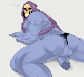 1boy ass backsack balls ballsack bara blue_body blue_skin from_behind gay humanoid looking_at_viewer looking_back male male_only masters_of_the_universe muscular nalnahi1 penis presenting presenting_ass skeletor skull_head solo solo_focus uncensored yaoi