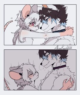 2boys absurdres akiyakamikawa anthro artist_name blue_eyes blush canid canine canis chang_wen_(furrybar) closed_eyes closed_mouth collar colored_tips dated english_commentary furry furry_male furry_with_furry gay gay_male highres implied_sex looking_at_another male male_focus mouse multicolored_hair multiple_boys multiple_males muscular muscular_male original pectorals red_eyes rodent scratching_arm smile tail wolf yaoi