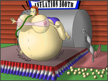 2008 belly_expansion breast_expansion breast_growth breast_growth_(enlargement) breasts carnival_game colored comic female hose hose_bulge immobile inflation judasrockinpriest lactating_water on_stomach red_hair stage tagme