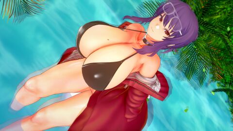 3d azur_lane beauty_mark bikini black_bikini blushing_female breasts cleavage coldbellsound collar female glasses glasses_on_head jacket jungle koikatsu massive_breasts mole mole_on_breast purple_hair race_queen red_eyes rin_(senran_kagura) senran_kagura smile suzune_(coldbellsound) suzune_(senran_kagura) taihou_(azur_lane)_(cosplay) taihou_(enraptured_companion)_(azur_lane) thick_thighs trees voluptuous voluptuous_female water