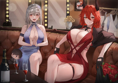 2girls :d alcohol alternate_costume bare_shoulders bead_bracelet bead_necklace beads black_choker black_gloves blush bottle bracelet breasts choker cleavage clothing_cutout commander_(nikke) couch crossed_legs cup doll dress earrings elvandec female flower gloves goddess_of_victory:_nikke grey_hair hair_ornament horns indoors jewelry large_breasts looking_at_viewer marian_(nikke) modernia_(nikke) multiple_females multiple_girls navel necklace official_alternate_costume open_mouth parted_lips purple_dress red_dress red_eyes red_flower red_hair red_hood_(nikke) red_hood_(nonsense_red)_(nikke) red_rose red_wine rose sitting smile smiling_at_viewer snow_white_(innocent_days)_(nikke) snow_white_(nikke) thigh_strap thighs wine wine_bottle wine_glass