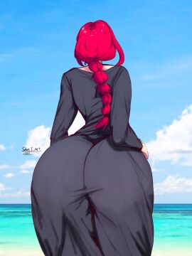1girls 2025 anime ass ass_bigger_than_head back_view background beach big_ass chainsaw_man clothed clothing dress female huge_ass large_ass long_hair makima_(chainsaw_man) red_hair sebs_i_art