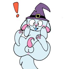 anthro anus balls blush blushing_male embarrassed embarrassed_nude_male femboy ferret male paws penis precum precum_drip precum_on_penis shocked shocked_expression shocked_eyes tail unknown_artist unknown_character witch_hat