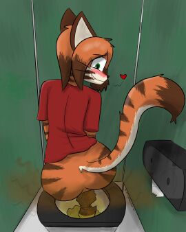 2024 absurd_res anthro anus bathroom blush bodily_fluids brown_body brown_fur clothed clothing digital_media_(artwork) fart fart_cloud fart_fetish feces felid female fur genital_fluids green_eyes grin hair heart_symbol hi_res looking_back mammal martha_(notmypornaccount) notmypornaccount orange_body orange_fur pantherine partially_clothed peeing peeing_into_toilet public public_restroom relieved restroom_stall scat shirt sitting sitting_pee smile solo stripes t-shirt tail text tiger toilet toilet_paper toilet_pee toilet_use topwear urine white_body white_fur wide_hips